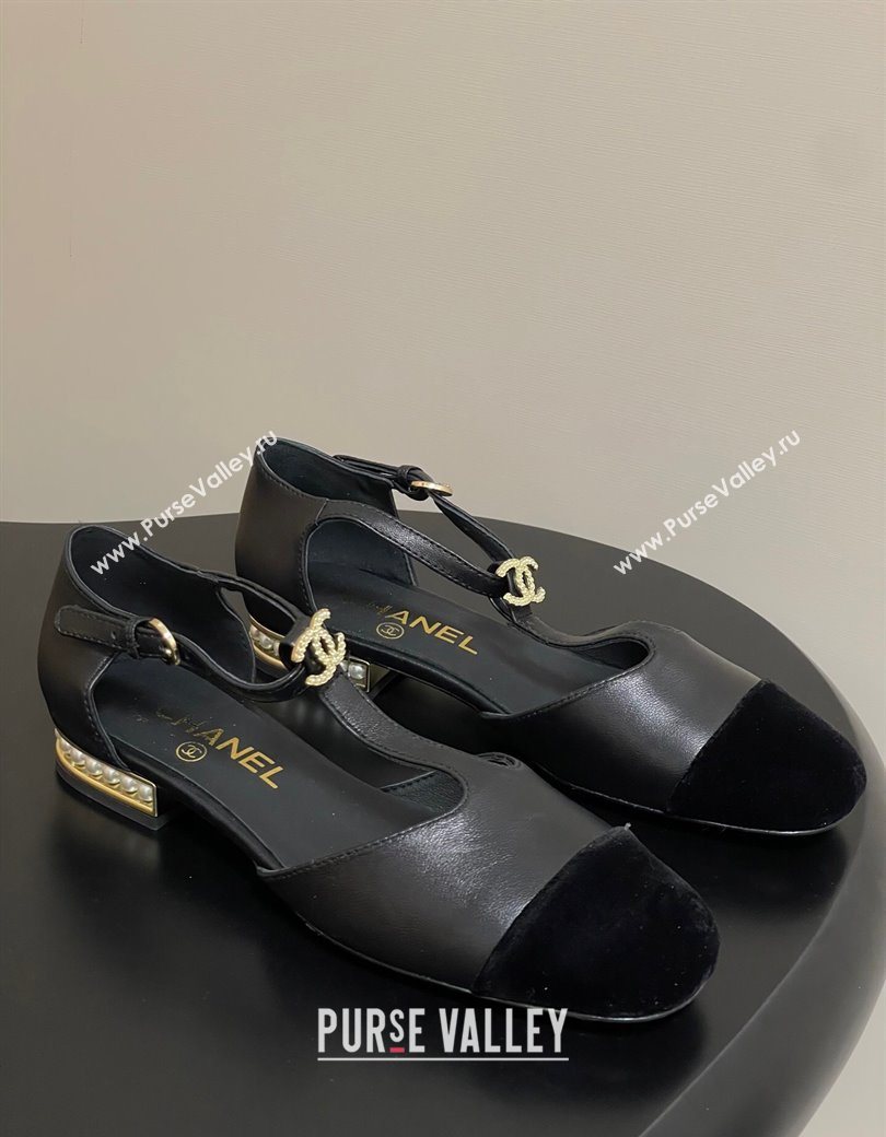 Chanel Lambskin Velvet T Mary Janes Flat Shoes with Pearls Black 2025 CH090104 (MD-250901051)