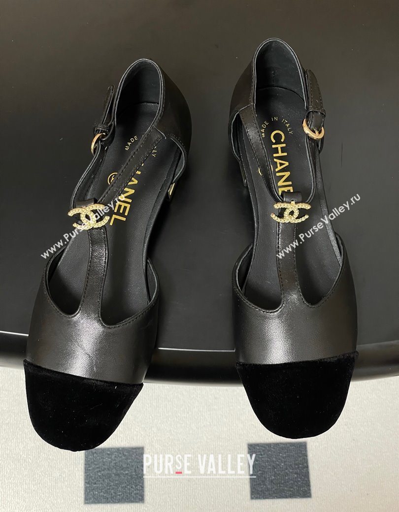 Chanel Lambskin Velvet T Mary Janes Flat Shoes with Pearls Black 2025 CH090104 (MD-250901051)