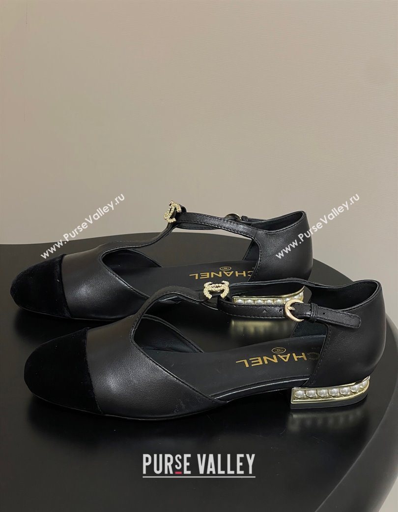 Chanel Lambskin Velvet T Mary Janes Flat Shoes with Pearls Black 2025 CH090104 (MD-250901051)