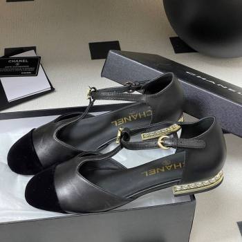 Chanel Lambskin Velvet T Mary Janes Flat Shoes with Pearls Black 2025 CH090104 (MD-250901051)