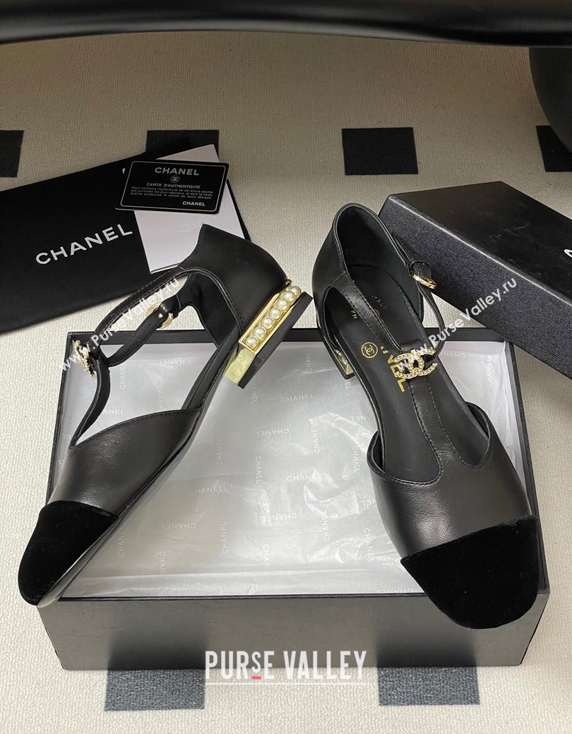 Chanel Lambskin Velvet T Mary Janes Flat Shoes with Pearls Black 2025 CH090104 (MD-250901051)