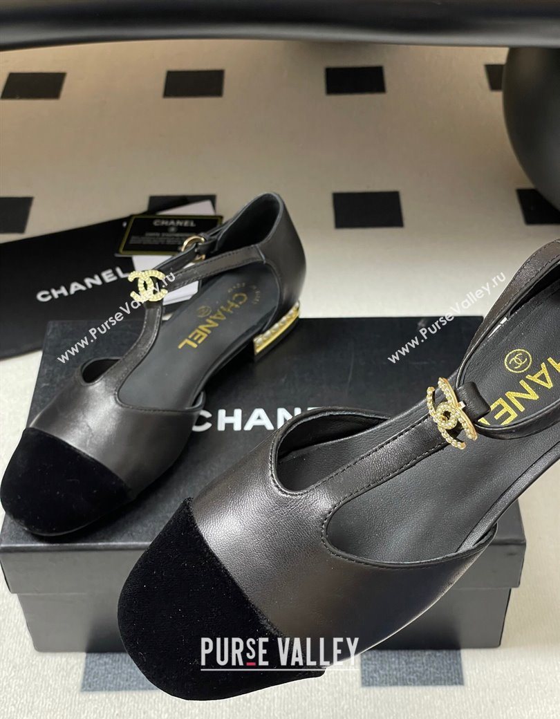 Chanel Lambskin Velvet T Mary Janes Flat Shoes with Pearls Black 2025 CH090104 (MD-250901051)