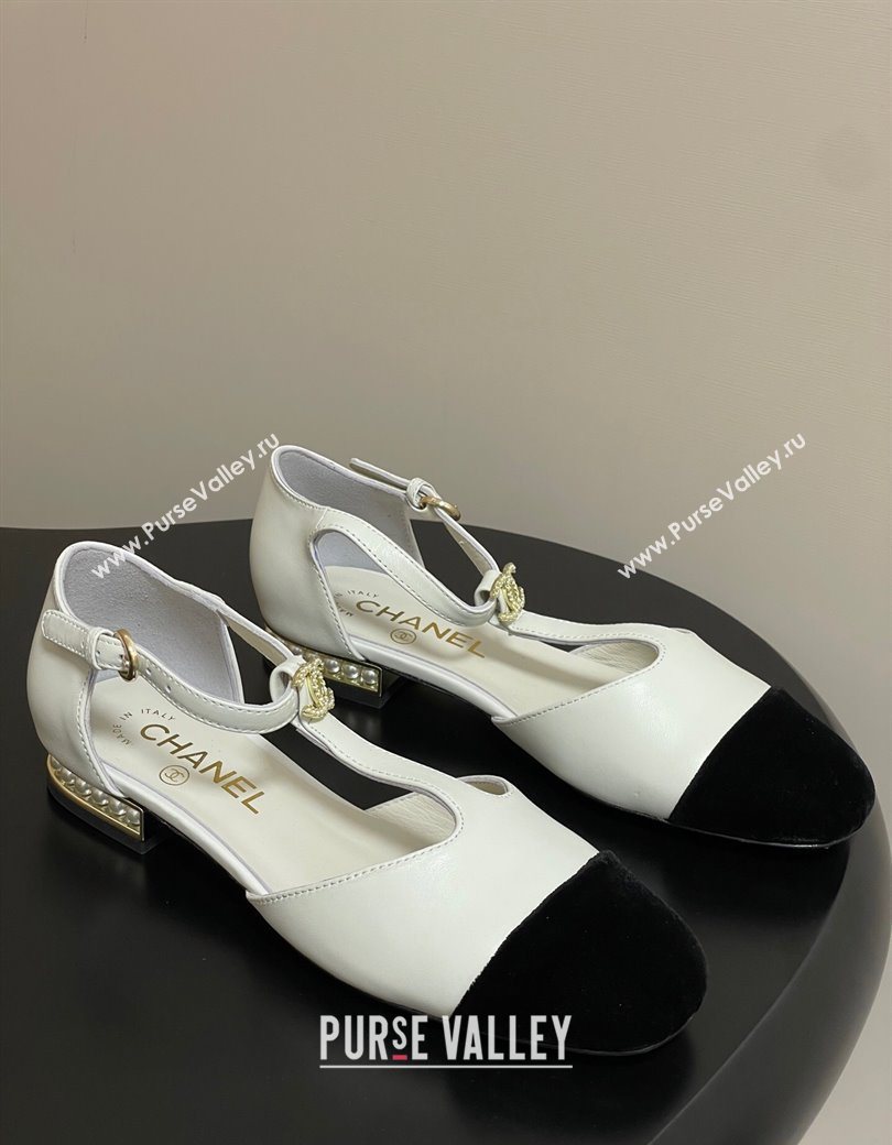 Chanel Lambskin Velvet T Mary Janes Flat Shoes with Pearls White 2025 CH090104 (MD-250901052)