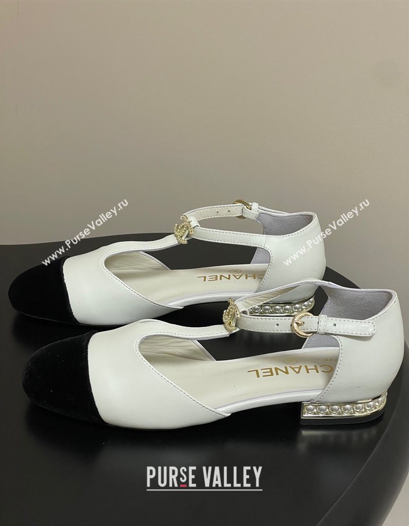 Chanel Lambskin Velvet T Mary Janes Flat Shoes with Pearls White 2025 CH090104 (MD-250901052)