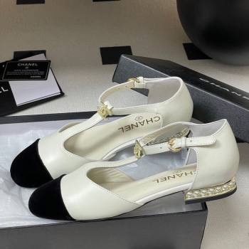 Chanel Lambskin Velvet T Mary Janes Flat Shoes with Pearls White 2025 CH090104 (MD-250901052)
