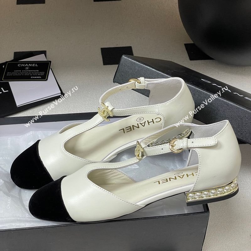 Chanel Lambskin Velvet T Mary Janes Flat Shoes with Pearls White 2025 CH090104 (MD-250901052)