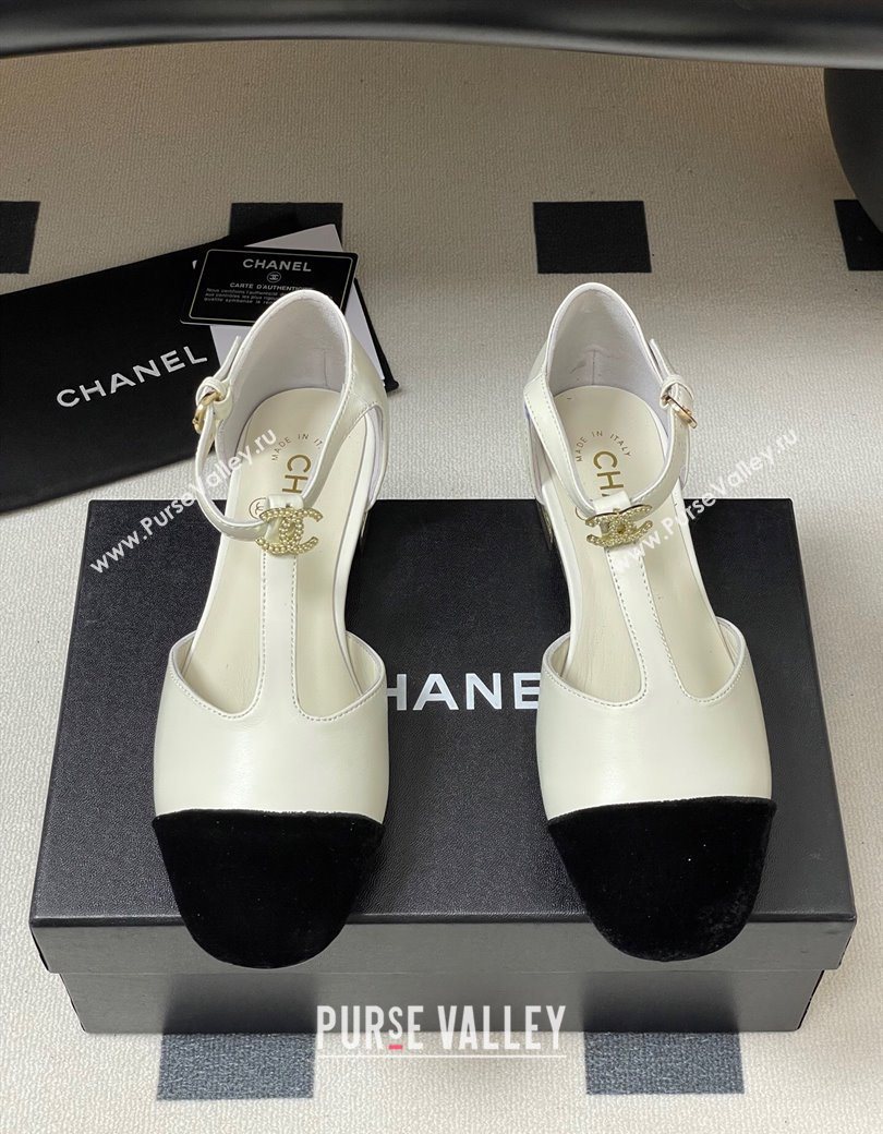 Chanel Lambskin Velvet T Mary Janes Flat Shoes with Pearls White 2025 CH090104 (MD-250901052)