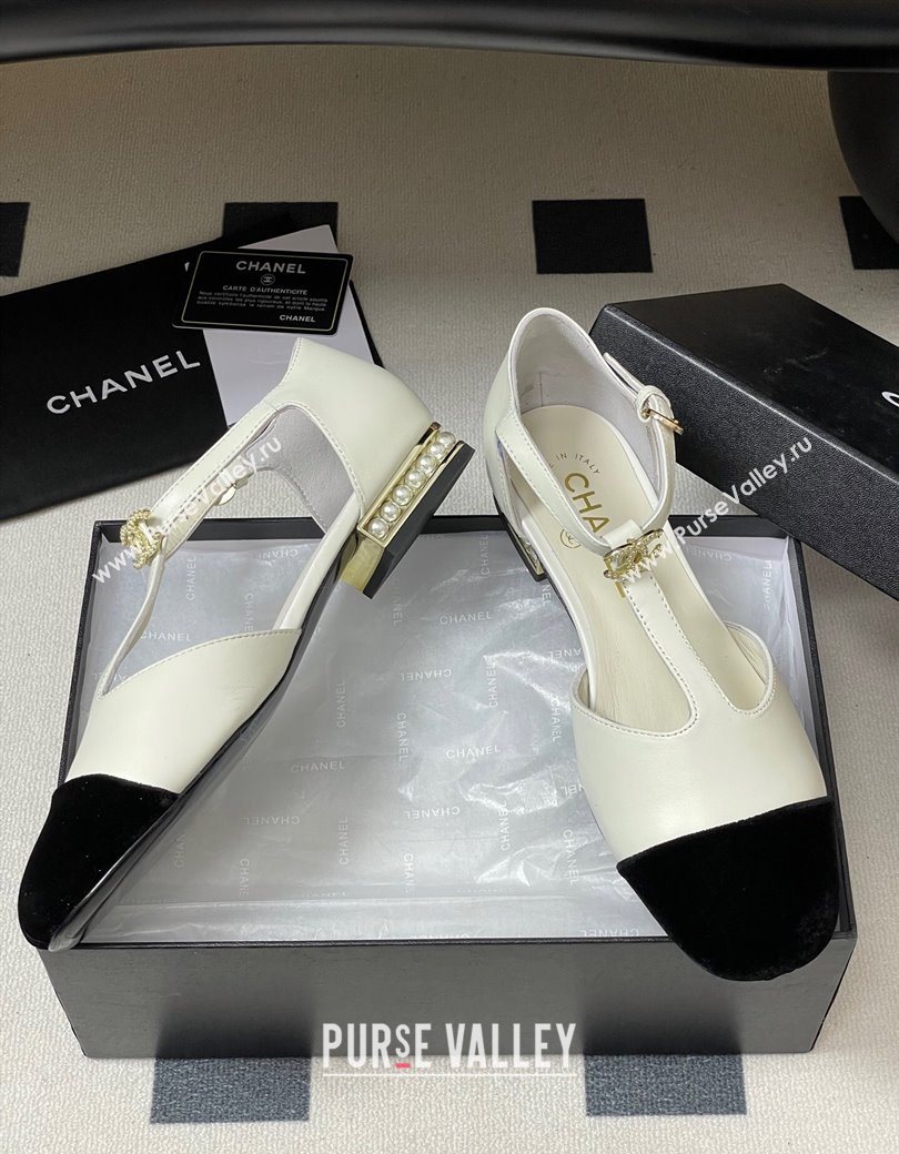 Chanel Lambskin Velvet T Mary Janes Flat Shoes with Pearls White 2025 CH090104 (MD-250901052)