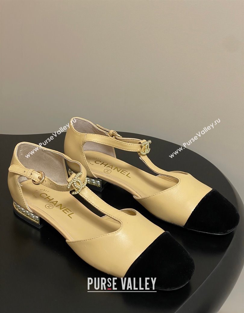 Chanel Lambskin Velvet T Mary Janes Flat Shoes with Pearls Beige 2025 CH090104 (MD-250901053)