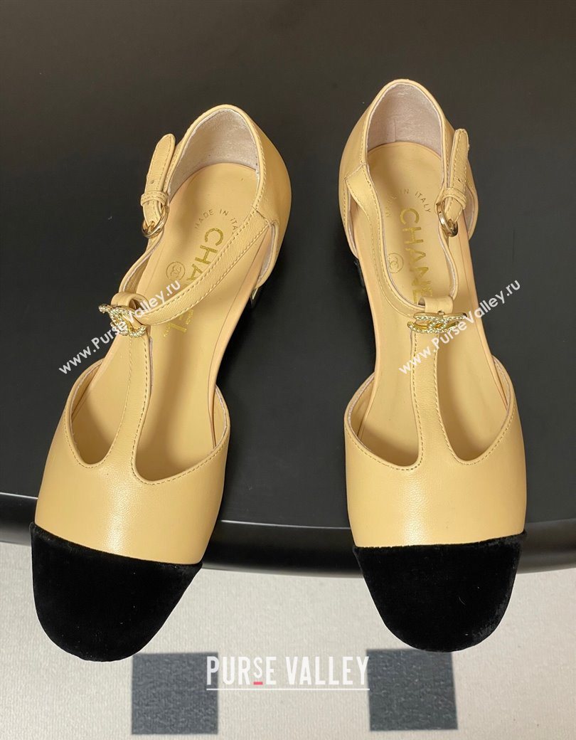 Chanel Lambskin Velvet T Mary Janes Flat Shoes with Pearls Beige 2025 CH090104 (MD-250901053)