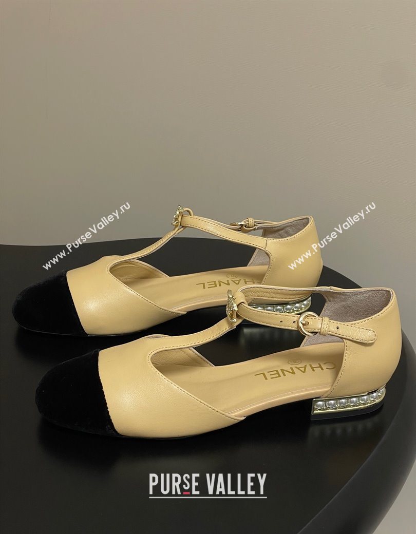 Chanel Lambskin Velvet T Mary Janes Flat Shoes with Pearls Beige 2025 CH090104 (MD-250901053)