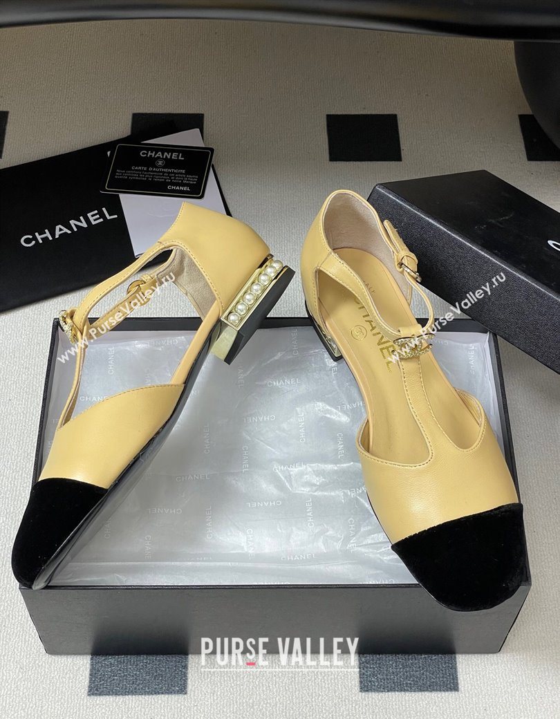 Chanel Lambskin Velvet T Mary Janes Flat Shoes with Pearls Beige 2025 CH090104 (MD-250901053)