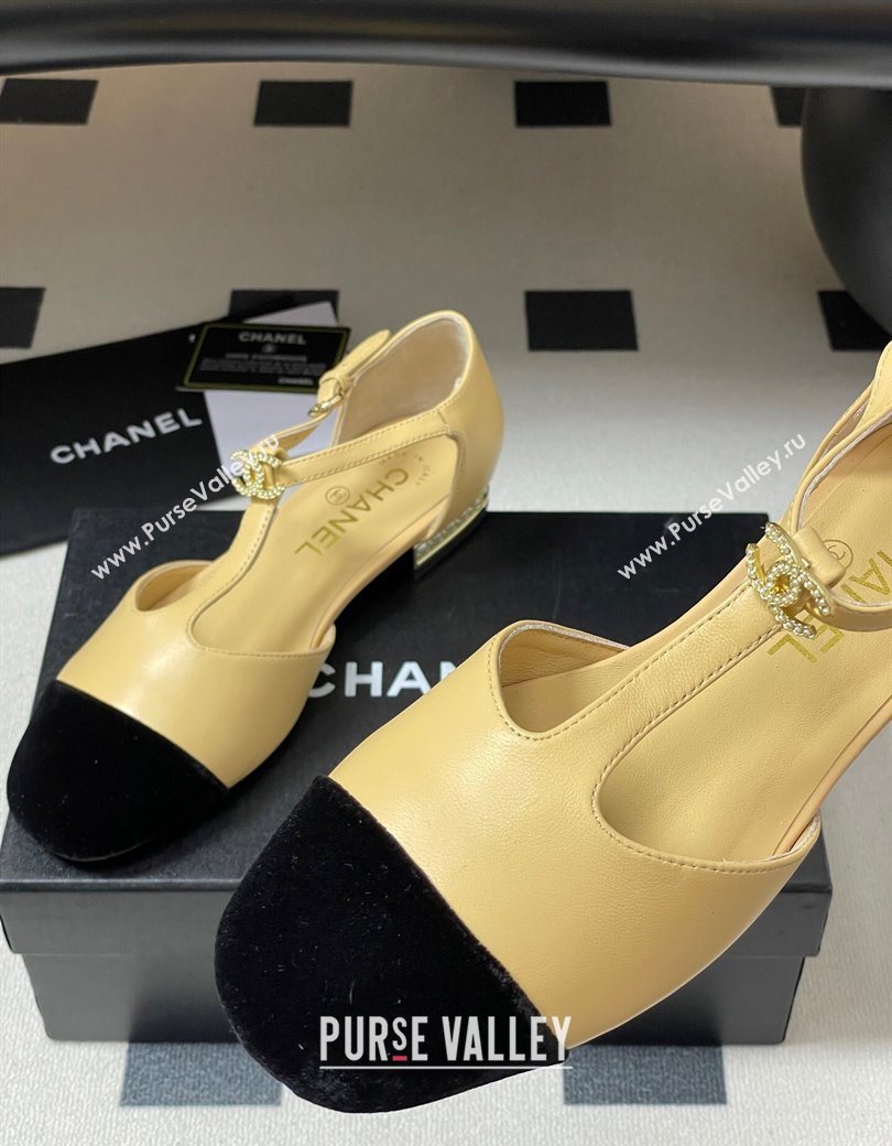 Chanel Lambskin Velvet T Mary Janes Flat Shoes with Pearls Beige 2025 CH090104 (MD-250901053)