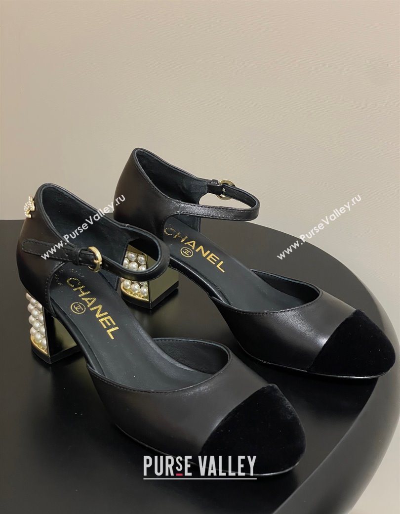 Chanel Lambskin Velvet Mary Janes Pumps 6cm with Pearls Black 2025 CH090104 (MD-250901057)