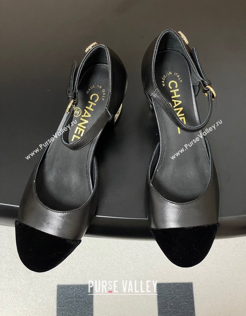 Chanel Lambskin Velvet Mary Janes Pumps 6cm with Pearls Black 2025 CH090104 (MD-250901057)