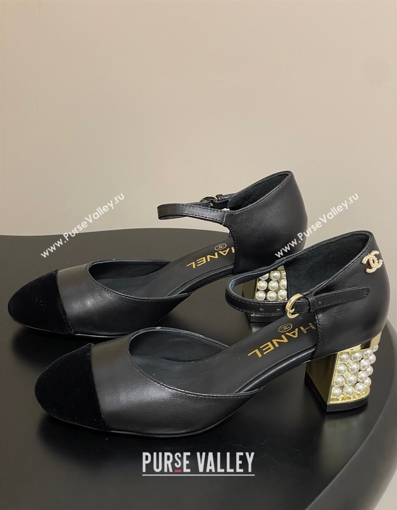 Chanel Lambskin Velvet Mary Janes Pumps 6cm with Pearls Black 2025 CH090104 (MD-250901057)
