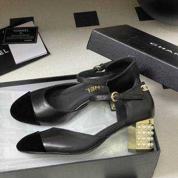 Chanel Lambskin Velvet Mary Janes Pumps 6cm with Pearls Black 2025 CH090104 (MD-250901057)
