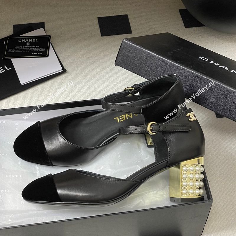 Chanel Lambskin Velvet Mary Janes Pumps 6cm with Pearls Black 2025 CH090104 (MD-250901057)
