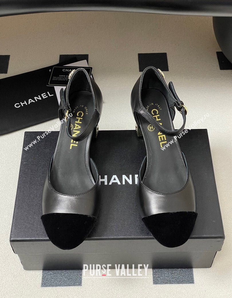 Chanel Lambskin Velvet Mary Janes Pumps 6cm with Pearls Black 2025 CH090104 (MD-250901057)