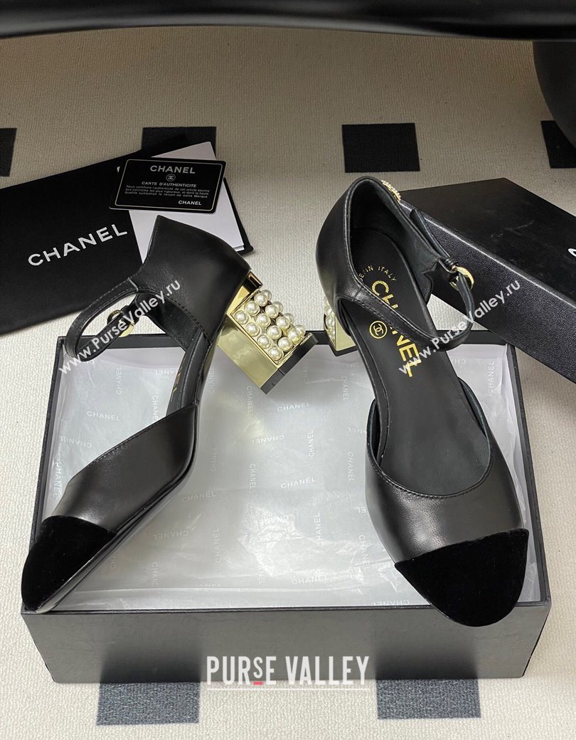 Chanel Lambskin Velvet Mary Janes Pumps 6cm with Pearls Black 2025 CH090104 (MD-250901057)