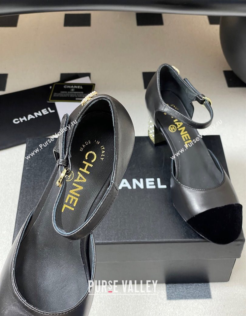 Chanel Lambskin Velvet Mary Janes Pumps 6cm with Pearls Black 2025 CH090104 (MD-250901057)