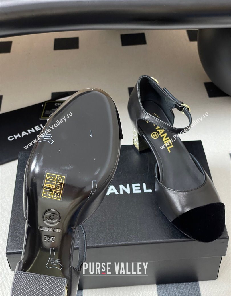 Chanel Lambskin Velvet Mary Janes Pumps 6cm with Pearls Black 2025 CH090104 (MD-250901057)