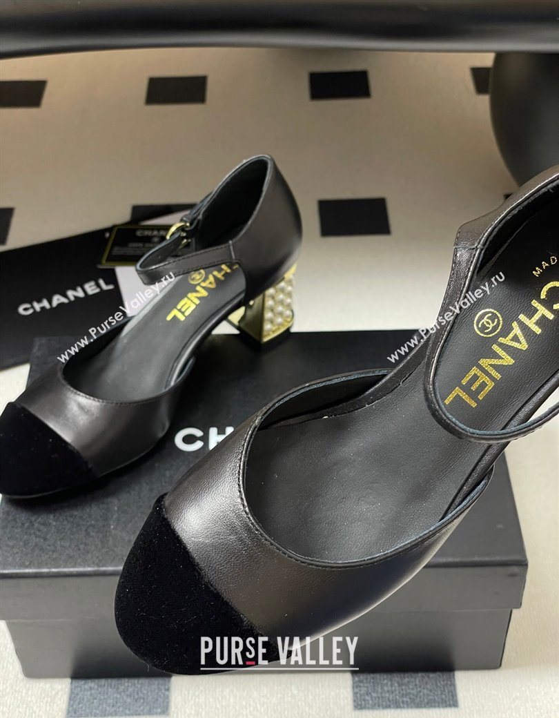 Chanel Lambskin Velvet Mary Janes Pumps 6cm with Pearls Black 2025 CH090104 (MD-250901057)