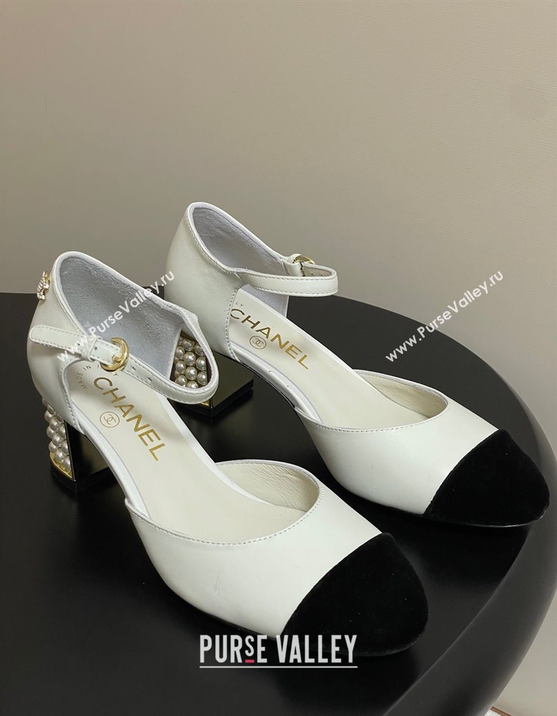 Chanel Lambskin Velvet Mary Janes Pumps 6cm with Pearls White 2025 CH090104 (MD-250901058)