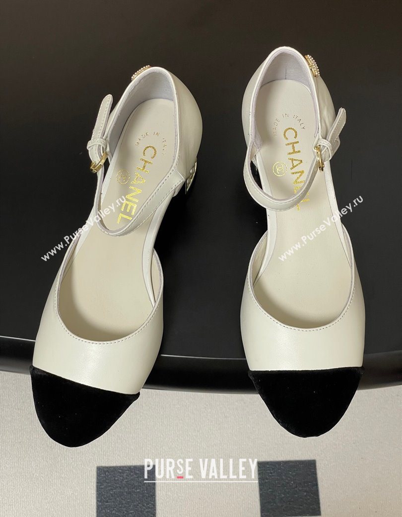 Chanel Lambskin Velvet Mary Janes Pumps 6cm with Pearls White 2025 CH090104 (MD-250901058)