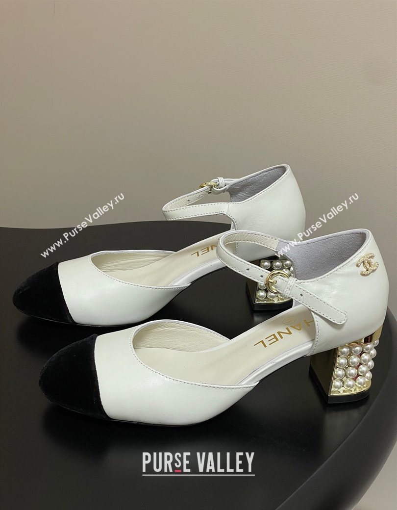 Chanel Lambskin Velvet Mary Janes Pumps 6cm with Pearls White 2025 CH090104 (MD-250901058)