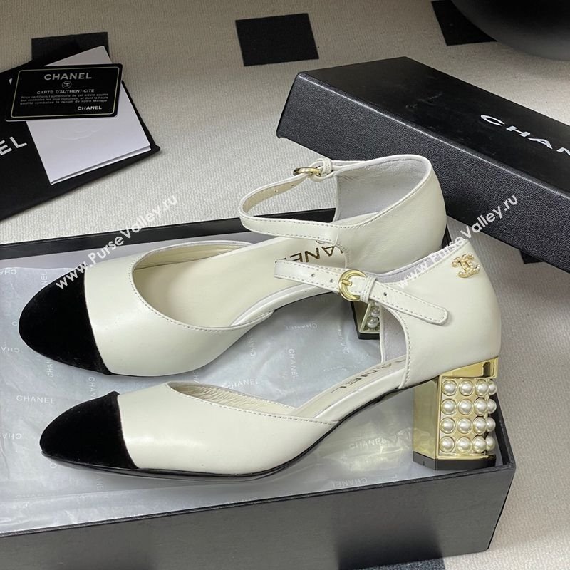 Chanel Lambskin Velvet Mary Janes Pumps 6cm with Pearls White 2025 CH090104 (MD-250901058)