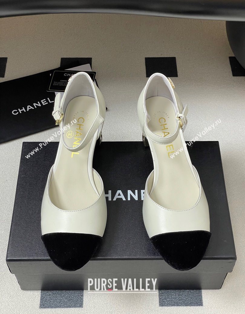 Chanel Lambskin Velvet Mary Janes Pumps 6cm with Pearls White 2025 CH090104 (MD-250901058)