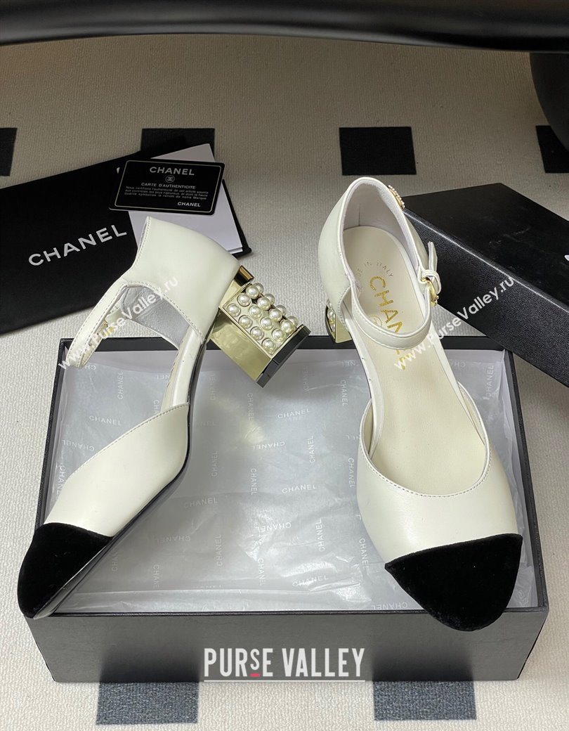 Chanel Lambskin Velvet Mary Janes Pumps 6cm with Pearls White 2025 CH090104 (MD-250901058)