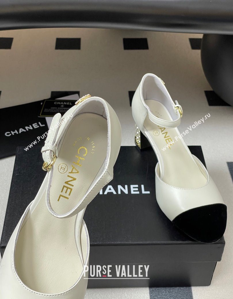 Chanel Lambskin Velvet Mary Janes Pumps 6cm with Pearls White 2025 CH090104 (MD-250901058)