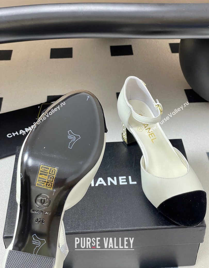 Chanel Lambskin Velvet Mary Janes Pumps 6cm with Pearls White 2025 CH090104 (MD-250901058)