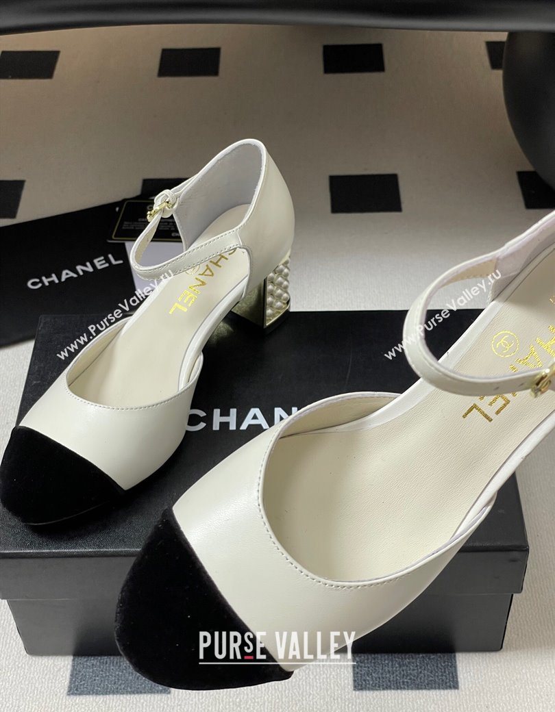 Chanel Lambskin Velvet Mary Janes Pumps 6cm with Pearls White 2025 CH090104 (MD-250901058)