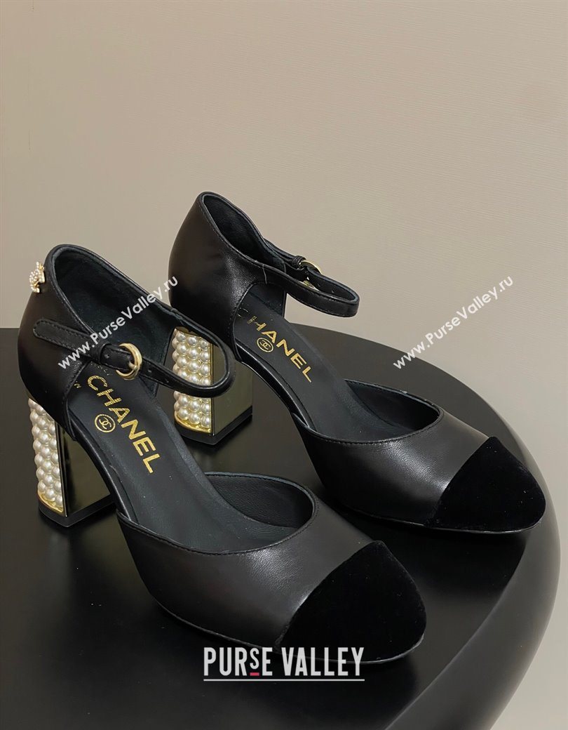 Chanel Lambskin Velvet Mary Janes Pumps 8cm with Pearls Black 2025 CH090104 (MD-250901061)