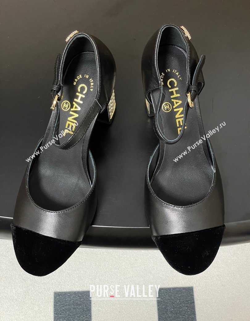 Chanel Lambskin Velvet Mary Janes Pumps 8cm with Pearls Black 2025 CH090104 (MD-250901061)