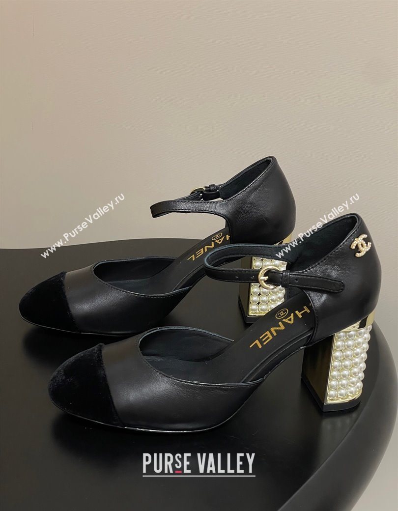 Chanel Lambskin Velvet Mary Janes Pumps 8cm with Pearls Black 2025 CH090104 (MD-250901061)