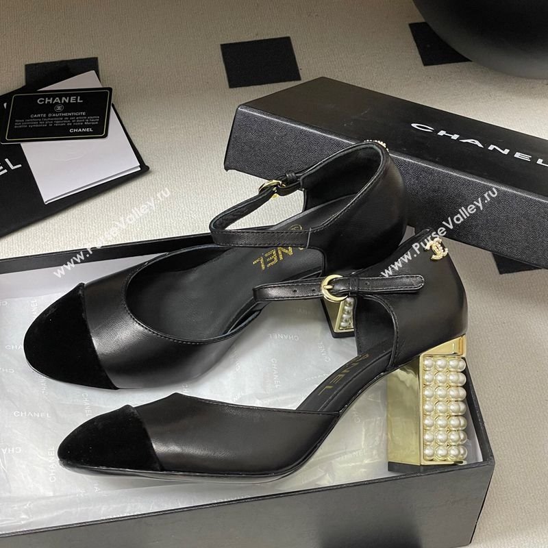 Chanel Lambskin Velvet Mary Janes Pumps 8cm with Pearls Black 2025 CH090104 (MD-250901061)