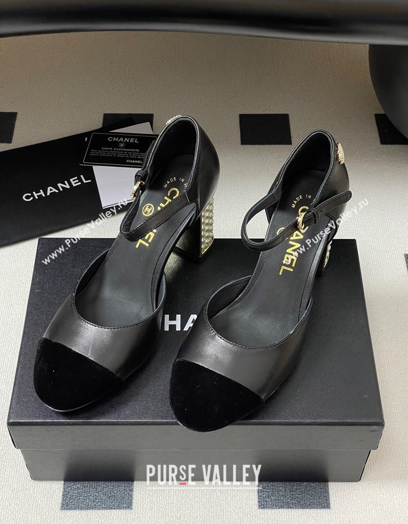 Chanel Lambskin Velvet Mary Janes Pumps 8cm with Pearls Black 2025 CH090104 (MD-250901061)
