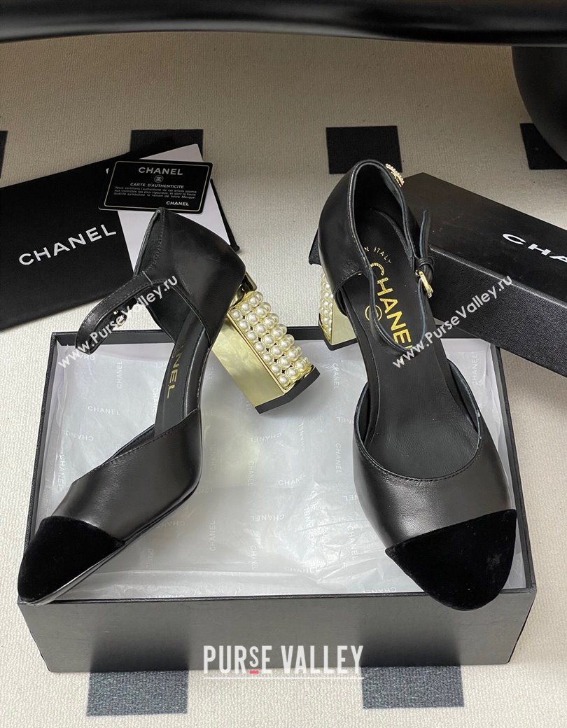 Chanel Lambskin Velvet Mary Janes Pumps 8cm with Pearls Black 2025 CH090104 (MD-250901061)