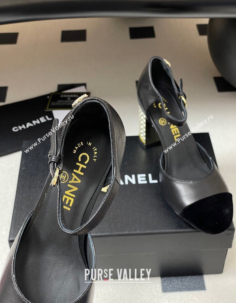 Chanel Lambskin Velvet Mary Janes Pumps 8cm with Pearls Black 2025 CH090104 (MD-250901061)