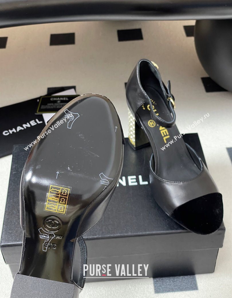 Chanel Lambskin Velvet Mary Janes Pumps 8cm with Pearls Black 2025 CH090104 (MD-250901061)