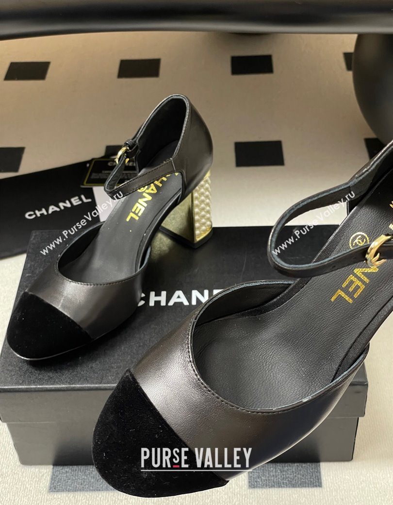 Chanel Lambskin Velvet Mary Janes Pumps 8cm with Pearls Black 2025 CH090104 (MD-250901061)