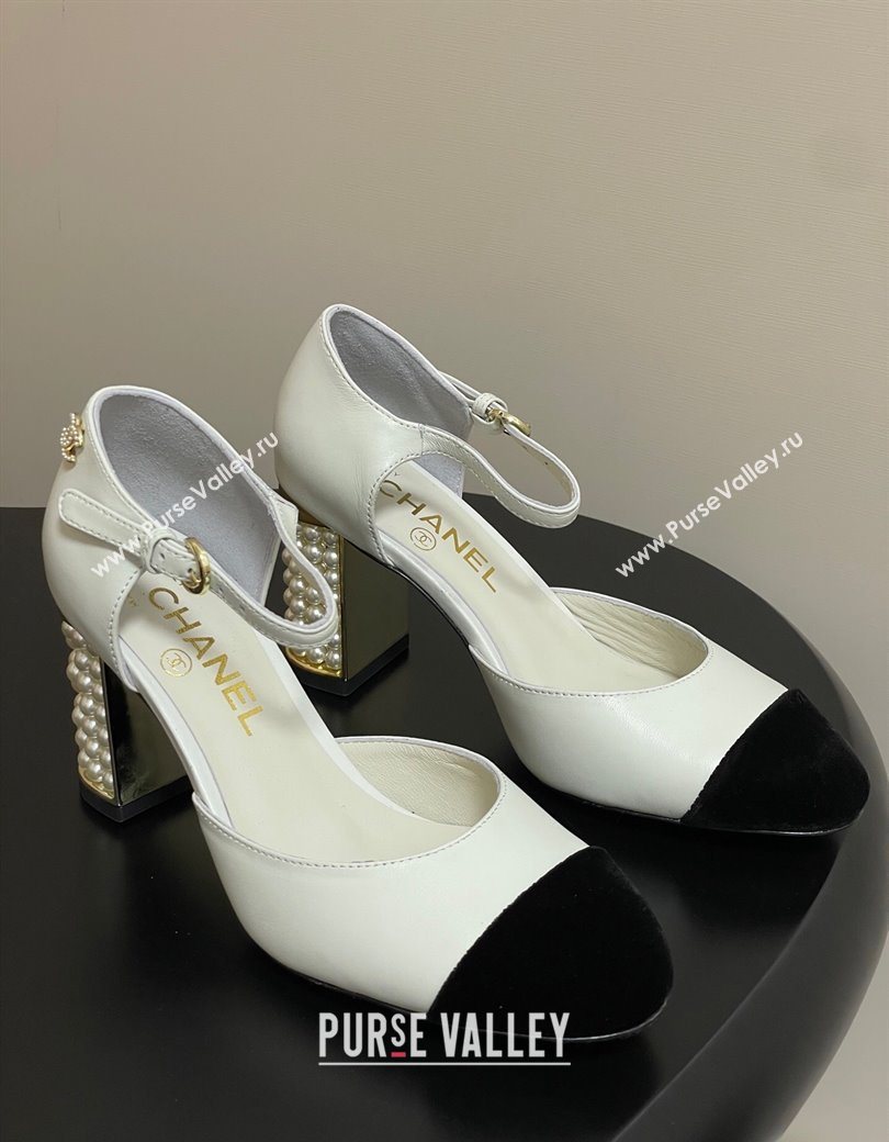 Chanel Lambskin Velvet Mary Janes Pumps 8cm with Pearls White 2025 CH090104 (MD-250901062)