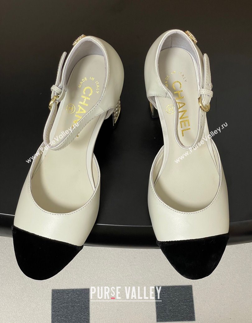 Chanel Lambskin Velvet Mary Janes Pumps 8cm with Pearls White 2025 CH090104 (MD-250901062)