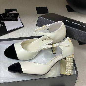 Chanel Lambskin Velvet Mary Janes Pumps 8cm with Pearls White 2025 CH090104 (MD-250901062)