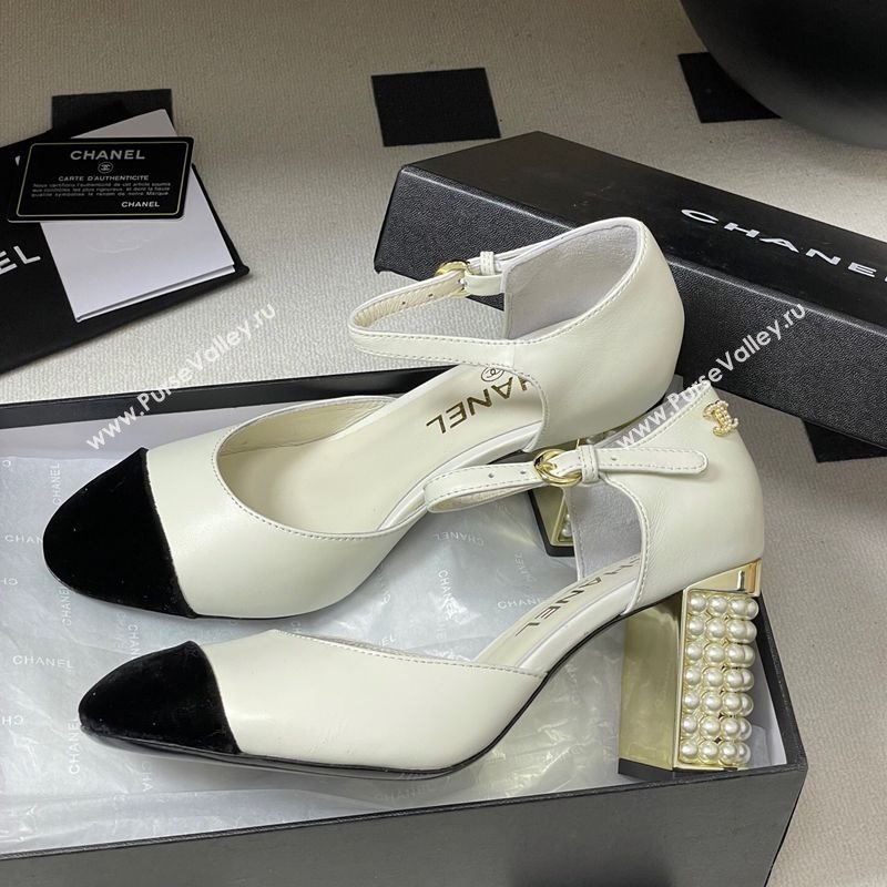 Chanel Lambskin Velvet Mary Janes Pumps 8cm with Pearls White 2025 CH090104 (MD-250901062)