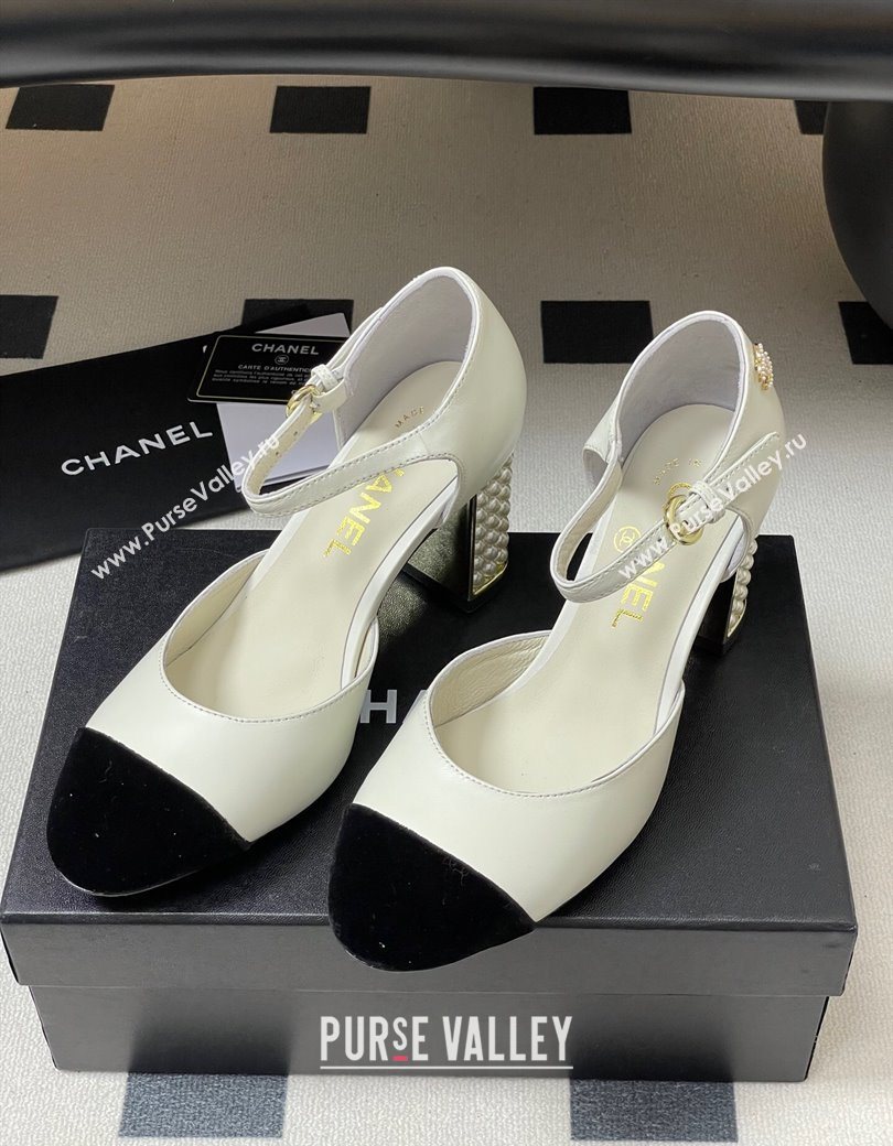 Chanel Lambskin Velvet Mary Janes Pumps 8cm with Pearls White 2025 CH090104 (MD-250901062)